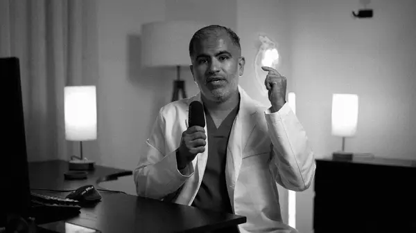 د. محمود العقيلي يشرح أمام الكاميرا في الاستوديو، بالأبيض والأسود